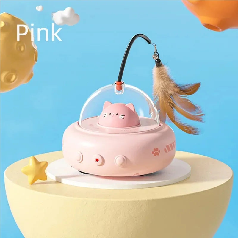Automatic UFO Smart Cat Teaser Toy Electric Interactive Play Toy With Bell Detachable Feather Wand For Cat Daily Entertainment