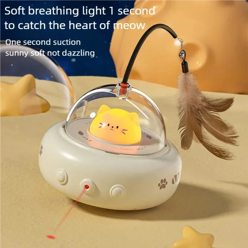 Automatic UFO Smart Cat Teaser Toy Electric Interactive Play Toy With Bell Detachable Feather Wand For Cat Daily Entertainment