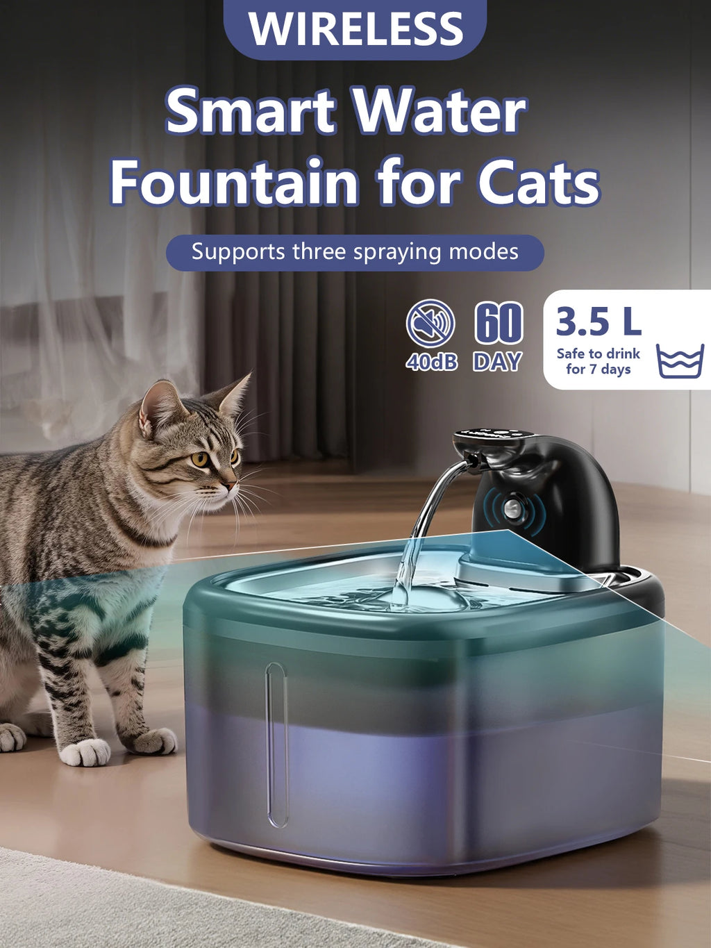 3.5L Cat Water Fountain Pet Water Fountain With Stainless Steel Tray 4000mAh Large battery and Motion Sensing， Silent Water Pump