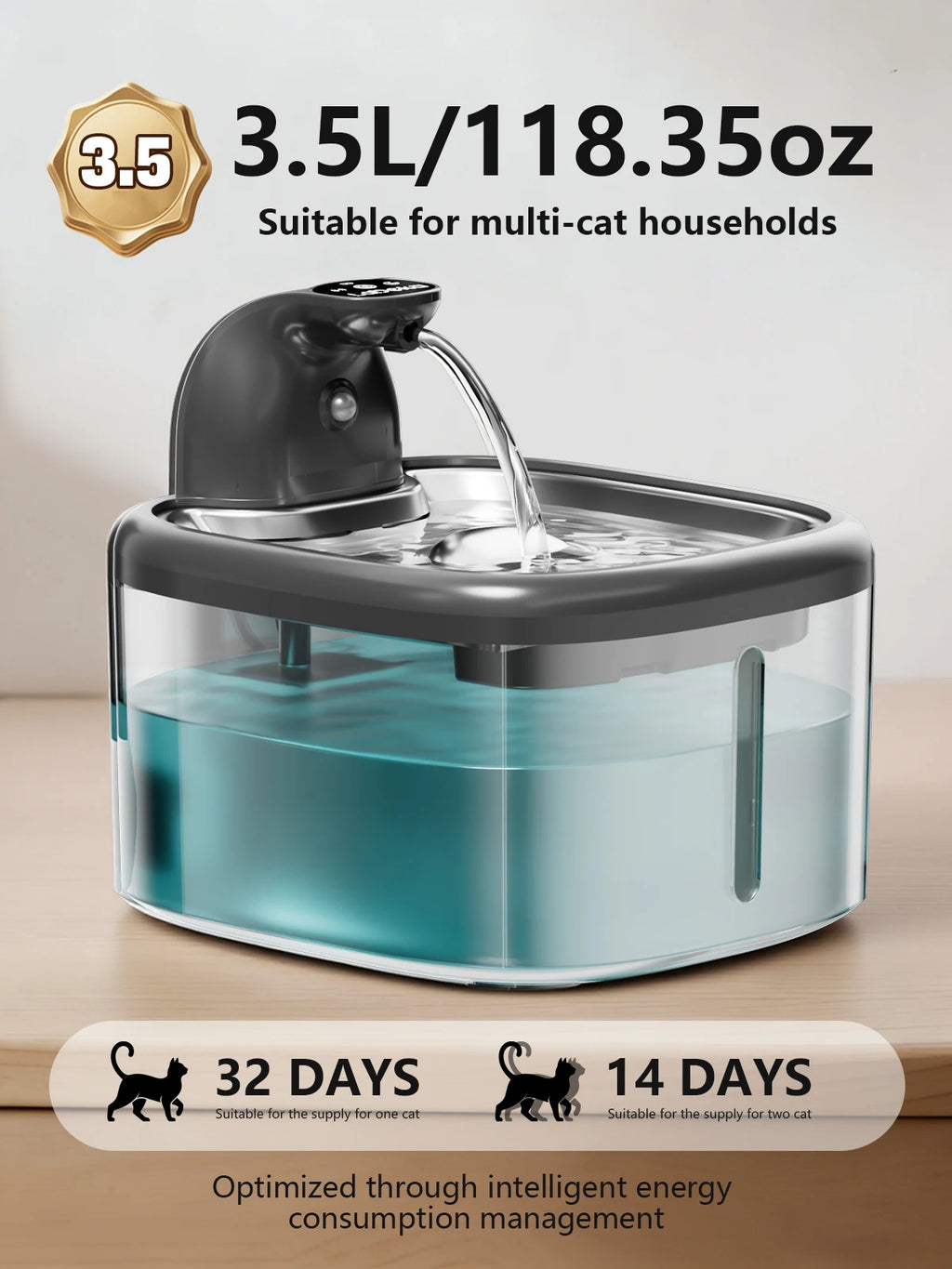 3.5L Cat Water Fountain Pet Water Fountain With Stainless Steel Tray 4000mAh Large battery and Motion Sensing， Silent Water Pump