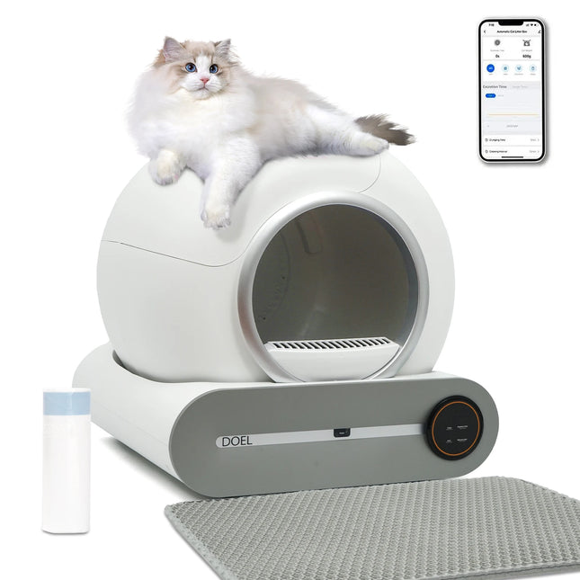 DOEL Self Cleaning Cat Litter Box 65L Automatic Cat Litter Box w/ Trash Bag & Litter Mat Smart Cat Toilet App Control 2.4G WiFi