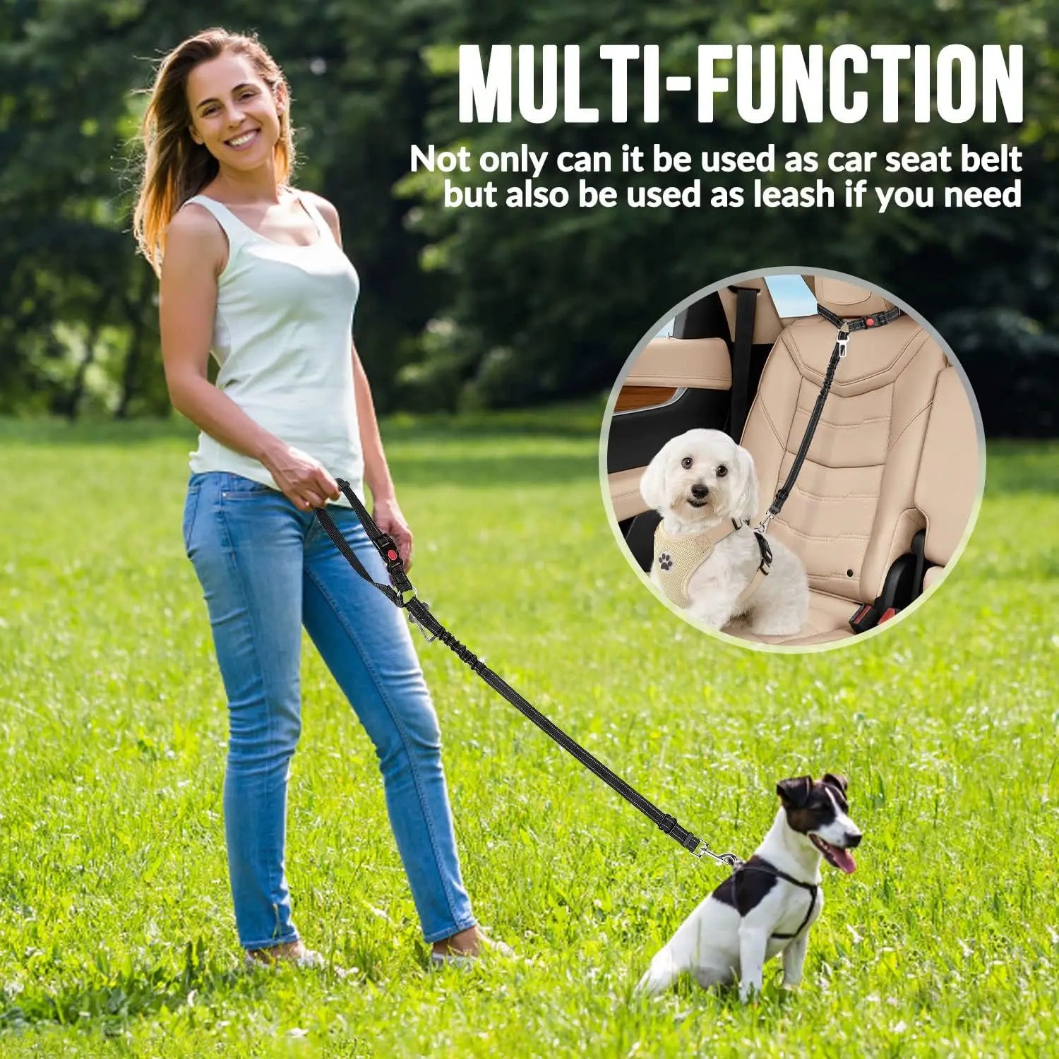 Dog Seat Belt for Car,Dog Car Harness Seatbelt Adjustable with Elastic Bungee Buffer, 2in1 Pet Leash Restraint Dog Safety Tether