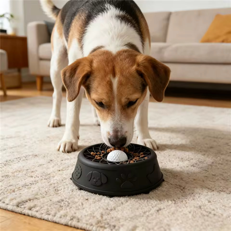 Slow feeder bowl with rolling ball lick mat