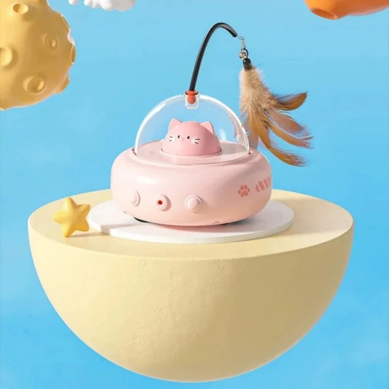 Automatic UFO Smart Cat Teaser Toy Electric Interactive Play Toy With Bell Detachable Feather Wand For Cat Daily Entertainment
